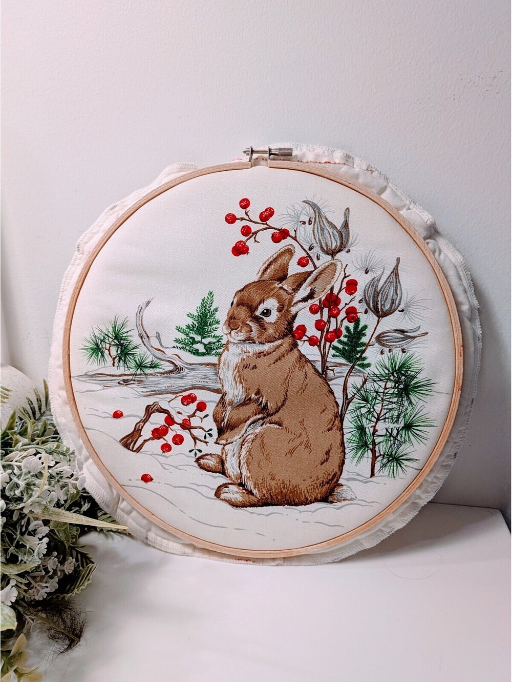 Vintage Embroidery Hoop Brown Winter Bunny Cottage Core Vtg Grandma Core Granny